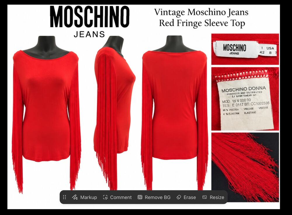 VINTAGE 90's MOSCHINO RED CASCADING FRINGE SLEEVE BATEAU NECK TOP 8
